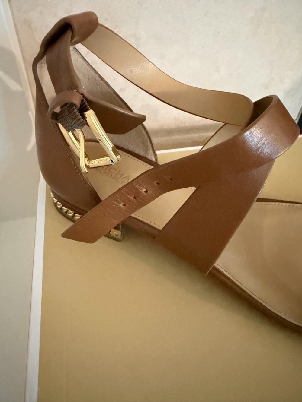 Michael Kors Sabrina Brown Leather Strappy Sandals with Gold Chain Accent - Picture 6 of 10